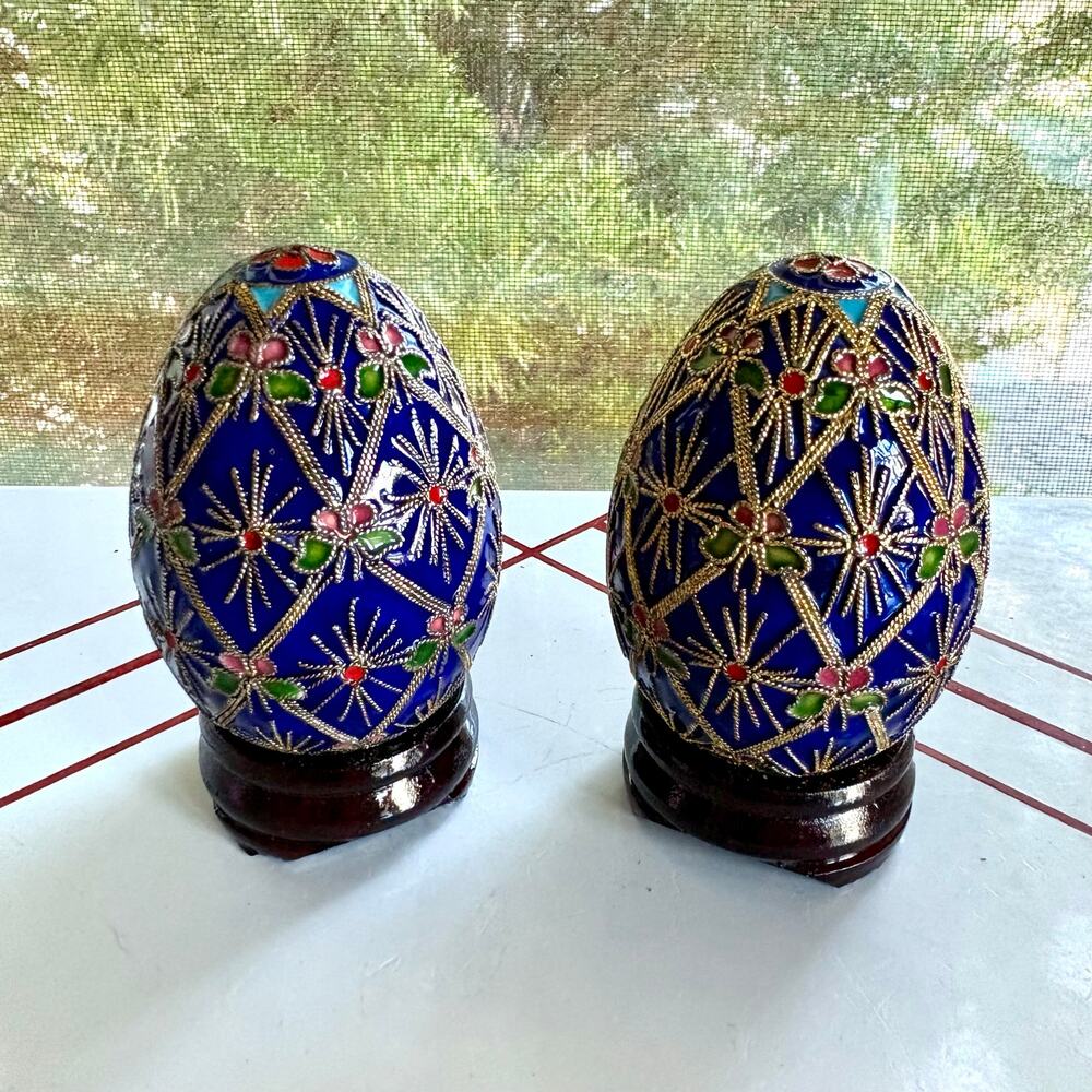 Pair of Vintage Cloisonné Enamel Blue and Gold Decorative Eggs with Wood Stands